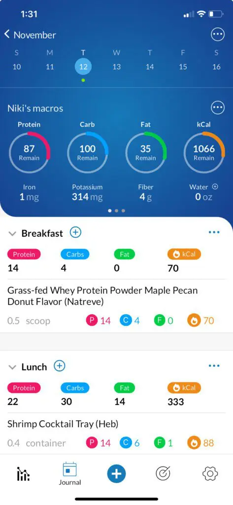 Food diary with macro nutrient tracking.