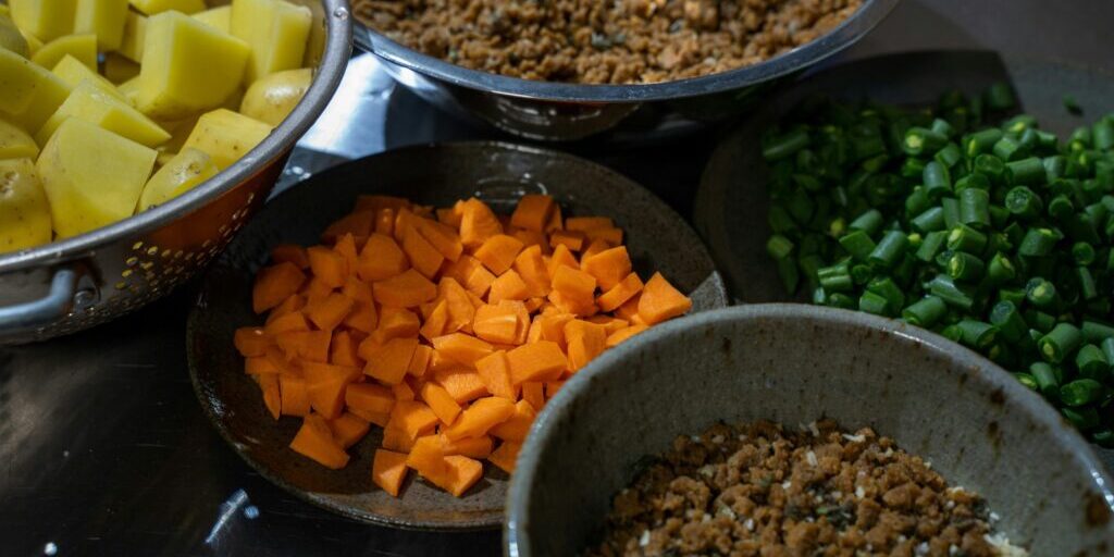 gilberto-olimpio-bZlTyHYp0_A-unsplash Bowls with chopped vegetables and cooked ground meat.